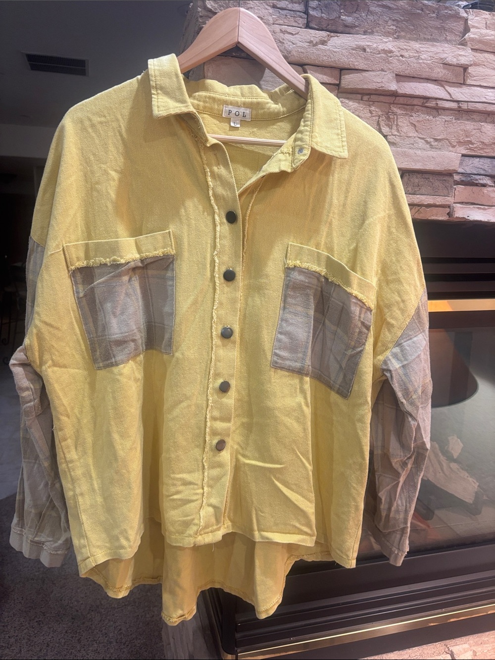 NEW POL Yellow Lightweight Button-Front Shirt Jacket with Plaid Accents